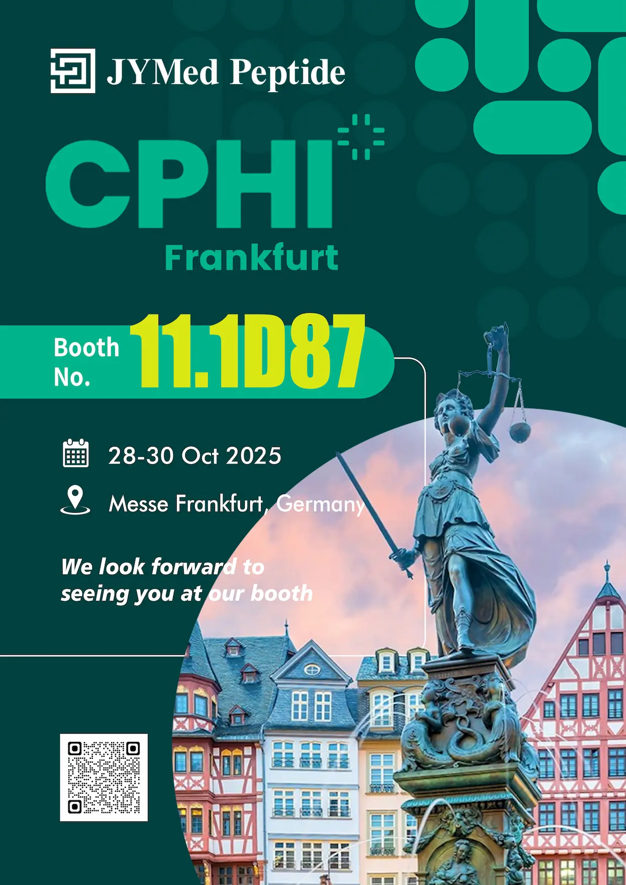 YMed Peptide CPHI Frankfurt 2025 booth announcement with event details: Booth 11.1D87, 28–30 October 2025, Messe Frankfurt, Germany.