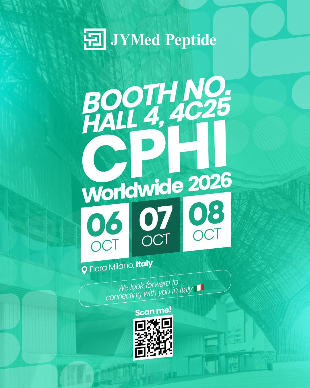 YMed Peptide CPHI Frankfurt 2025 booth announcement with event details: Booth 11.1D87, 28–30 October 2025, Messe Frankfurt, Germany.