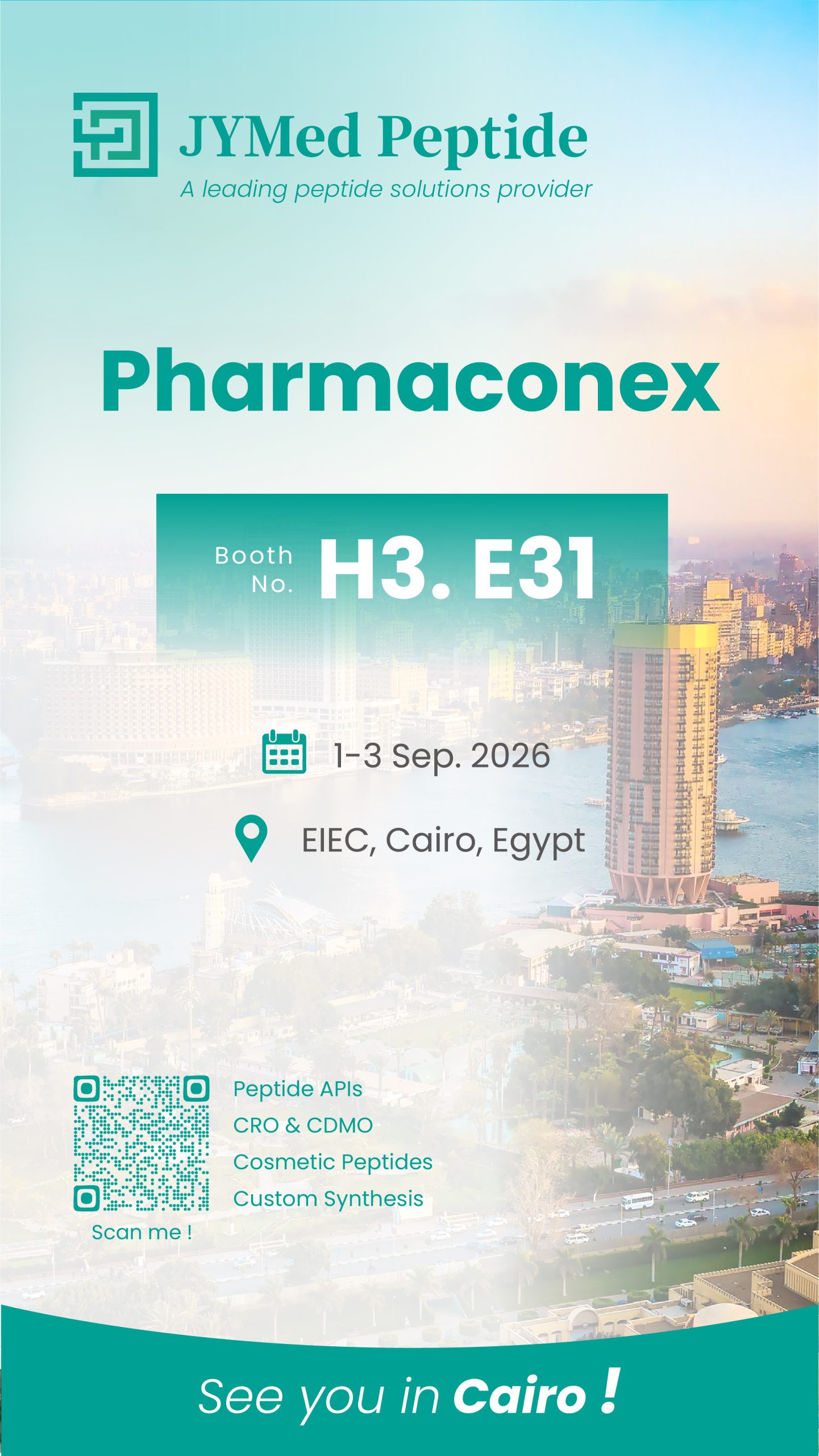 YMed Peptide CPHI Frankfurt 2025 booth announcement with event details: Booth 11.1D87, 28–30 October 2025, Messe Frankfurt, Germany.