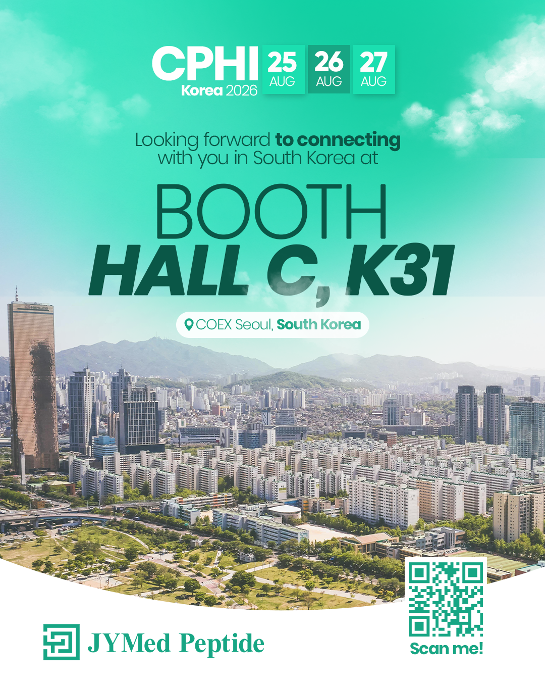 YMed Peptide CPHI Frankfurt 2025 booth announcement with event details: Booth 11.1D87, 28–30 October 2025, Messe Frankfurt, Germany.