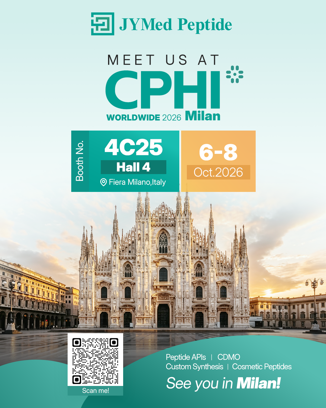 YMed Peptide CPHI Frankfurt 2025 booth announcement with event details: Booth 11.1D87, 28–30 October 2025, Messe Frankfurt, Germany.
